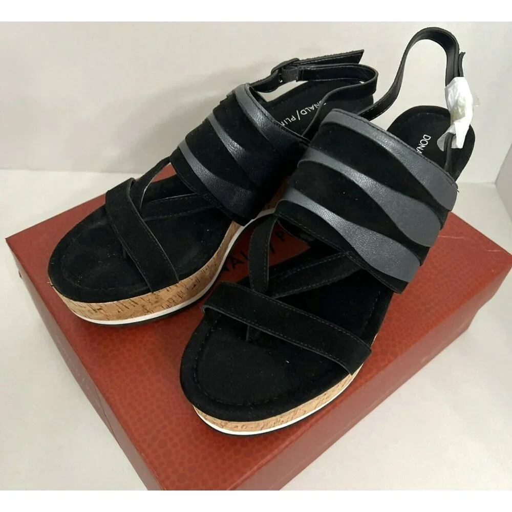 Donald Pliner Valri Wedge Sandals Women's 10 Solid Black Strappy Slingback‎ NWB